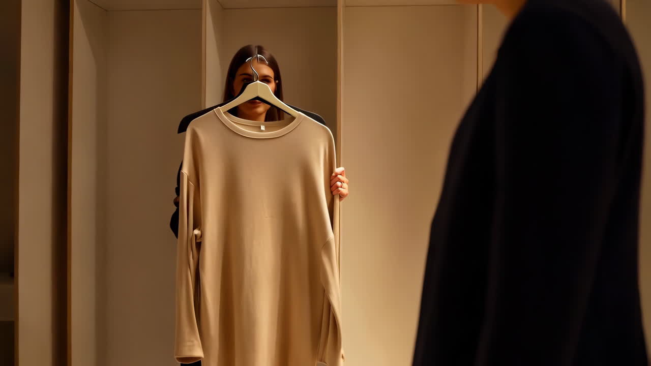 Woman trying on a beige shirt or dress in front of a mirror