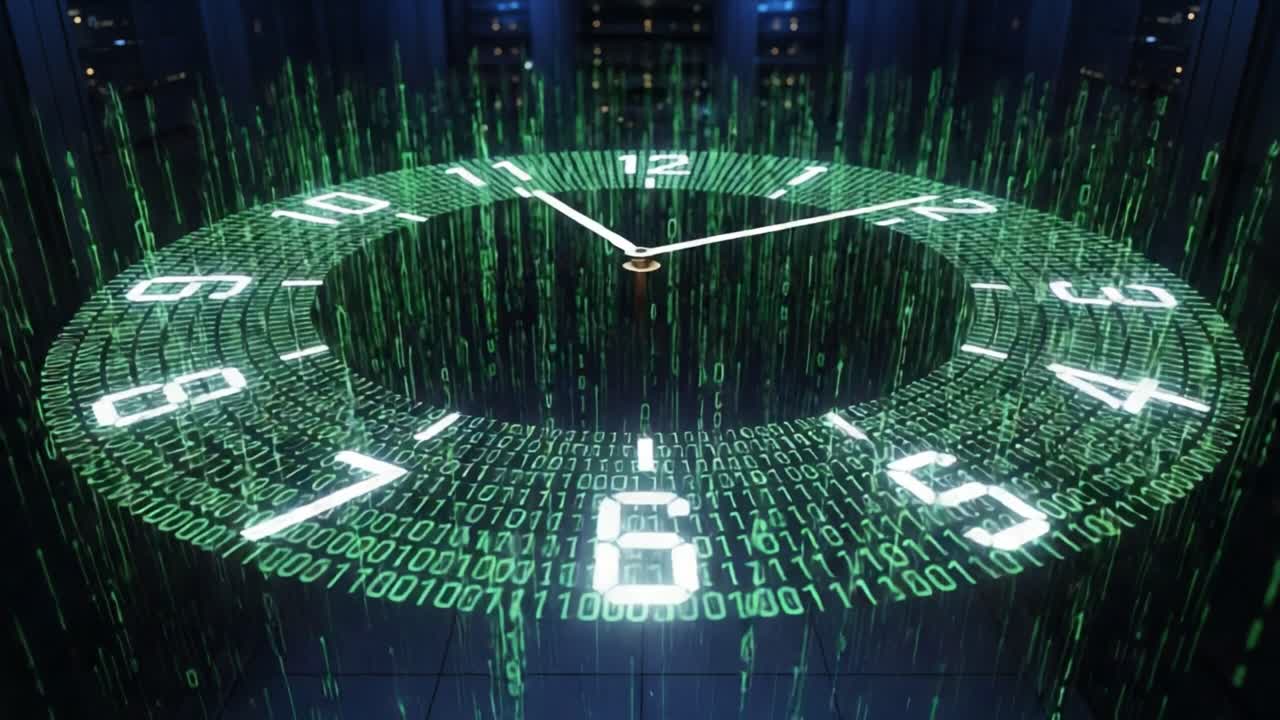 A Futuristic Clock Overlaid with Binary Code and Digital Rain in a High-Tech Environment, Symbolizing Time and Data Connection in the Modern Era