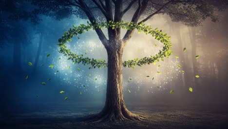 a majestic tree surrounded by a magical circular design of leaves, emitting a soft glow and enveloping a mystical atmosphere in the forest