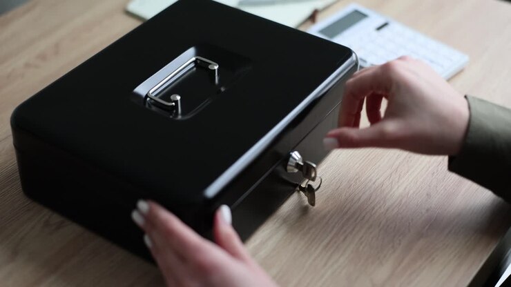 Person unlocking a black cash box with a key