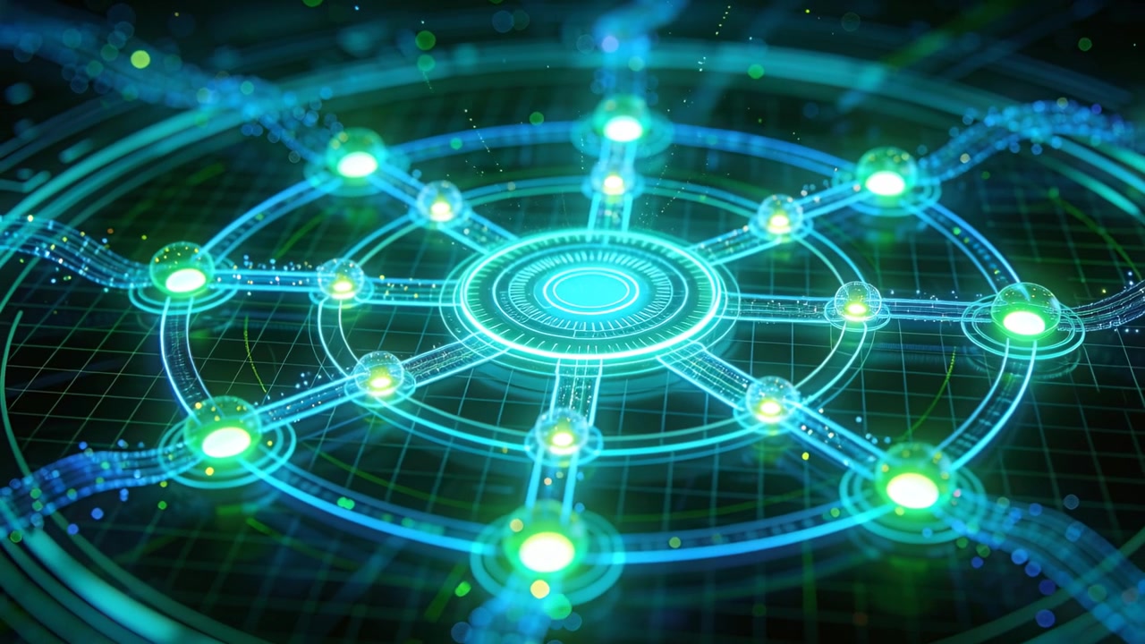 Powering central disc glowing, round hub pulsing, streaming light above grid along spokes for data