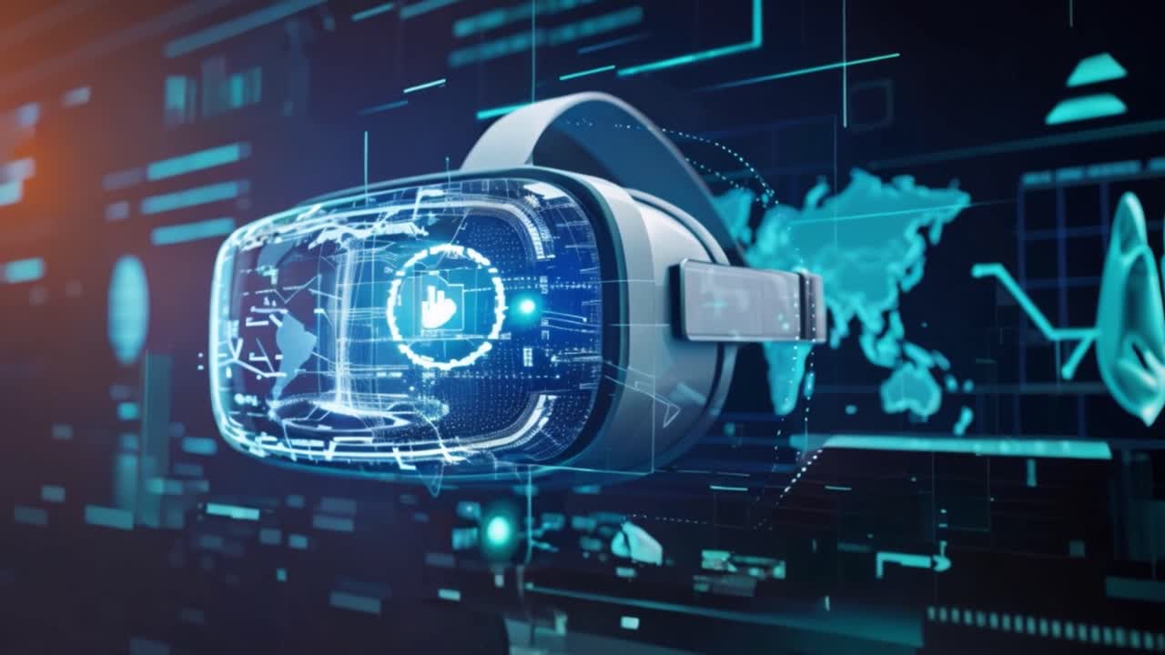 Futuristic VR Headset Displaying Global Digital Interface