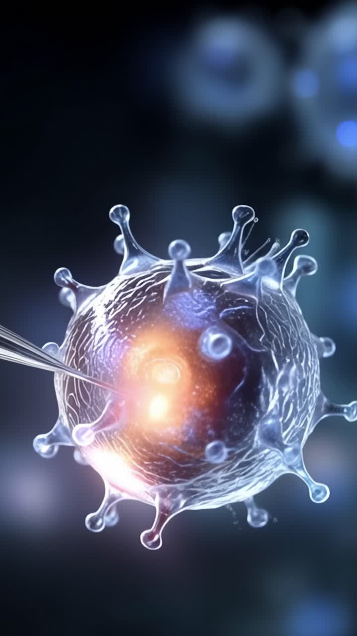 Vista Ingrandita di una Struttura Virale con Dettagli Intricati che Mostrano Protrusioni Superficiali e Riflessi di Luce su uno Sfondo Scientifico Scuro