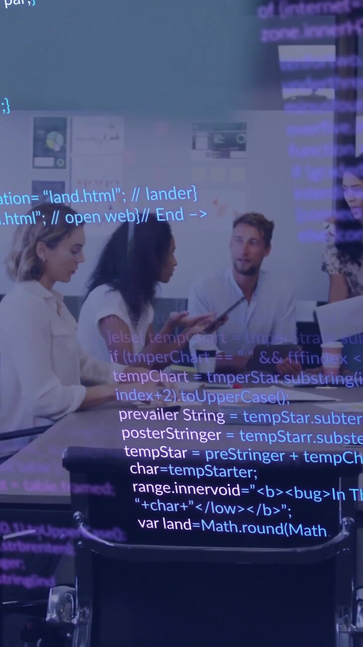 Animation of financial data processing over diverse business people in office