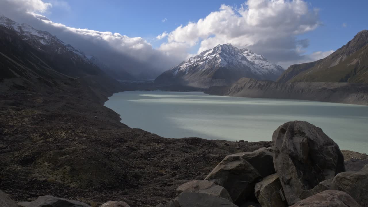 Mount Cook With Tasman Glacier Lake In New Zealand - Wide Shot