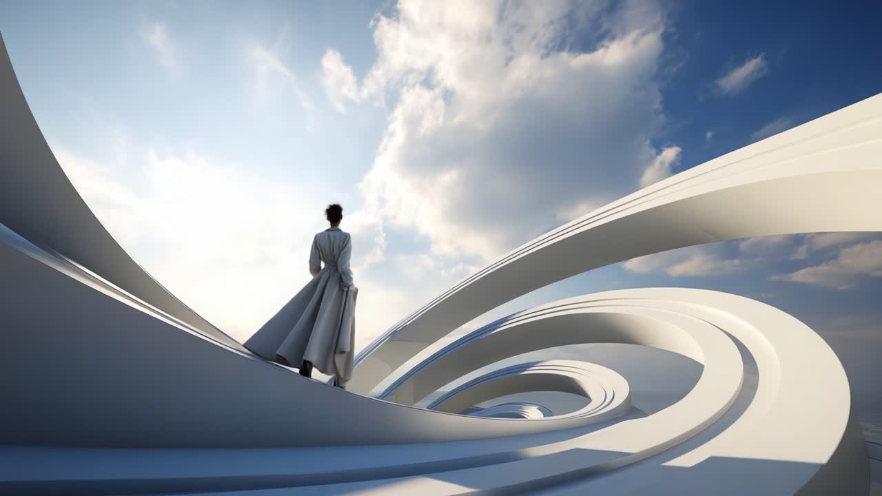 A solitary figure stands at the edge of a spiraling pathway, surrounded by flowing forms and a dramatic sky, symbolizing contemplation and the journey of life