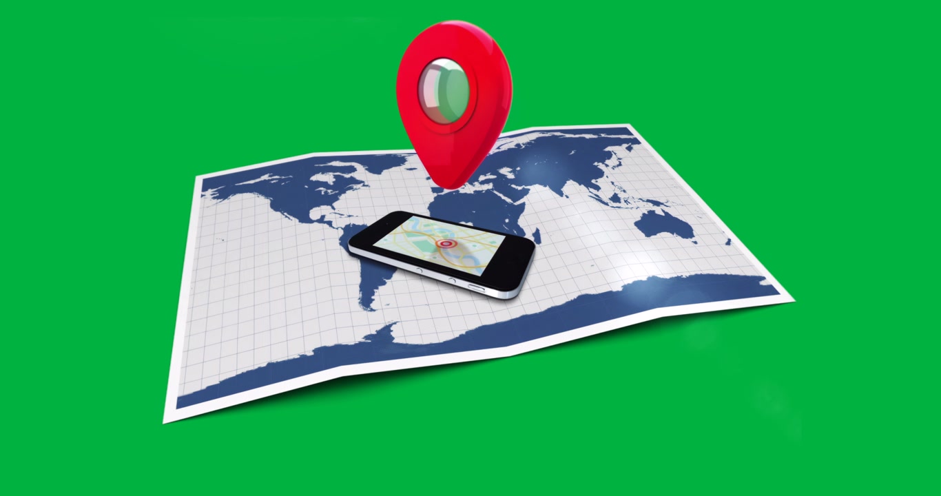 User placing phone on world map showing navigation via gradient spheres on transparent background