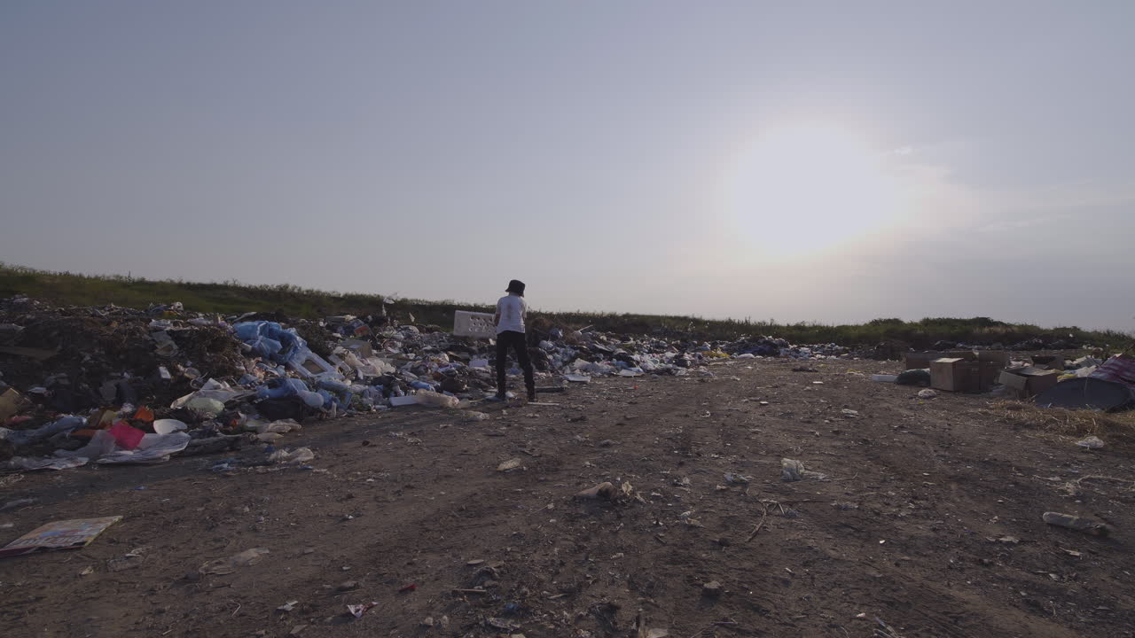 A landfill with a person standing in it