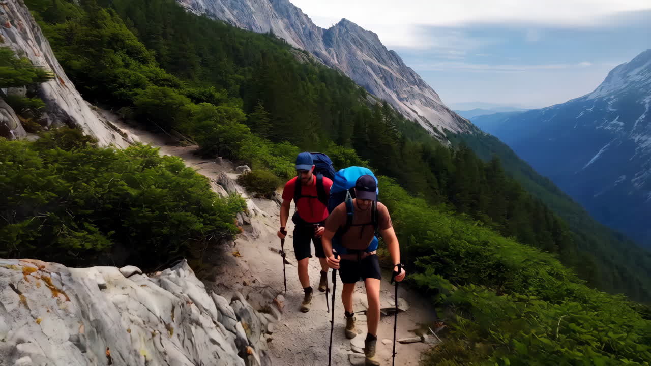 Two men hiking with backpacks on a mountain trail