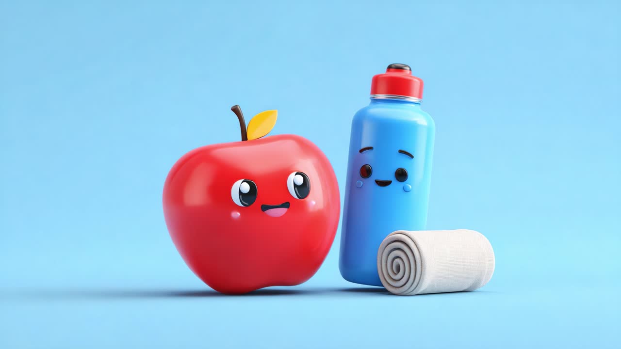 Una scena giocosa con una gioiosa mela rossa, una vivace bottiglia d'acqua blu e un soffice asciugamano bianco su un allegro sfondo blu, che enfatizza il divertimento e uno stile di vita sano.