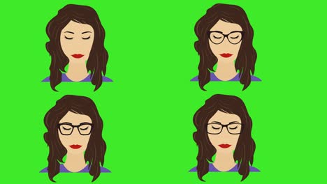 cartoon women face avatar animation, moving and blinking eyes, on green screen chroma key