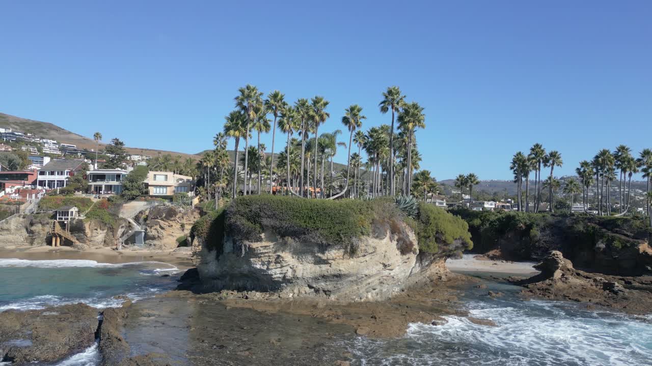 Epic 4K 60FPS drone shot of palm trees along the California coast by the Pacific Ocean in Laguna Beach. Perfect for travel, tropical, nature, or cinematic projects