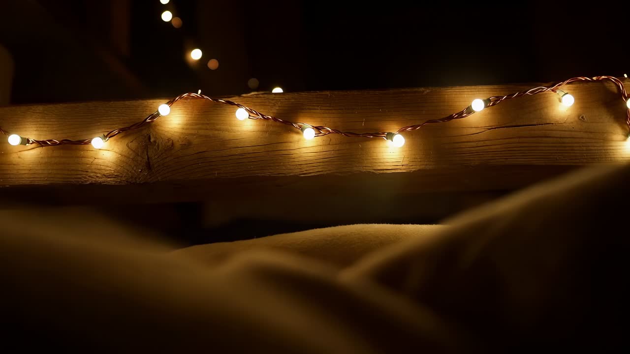 Una manta que se mueve lentamente revela unas cálidas luces de hadas blancas sobre una barandilla de madera en la cama, con una cortina translúcida detrás.