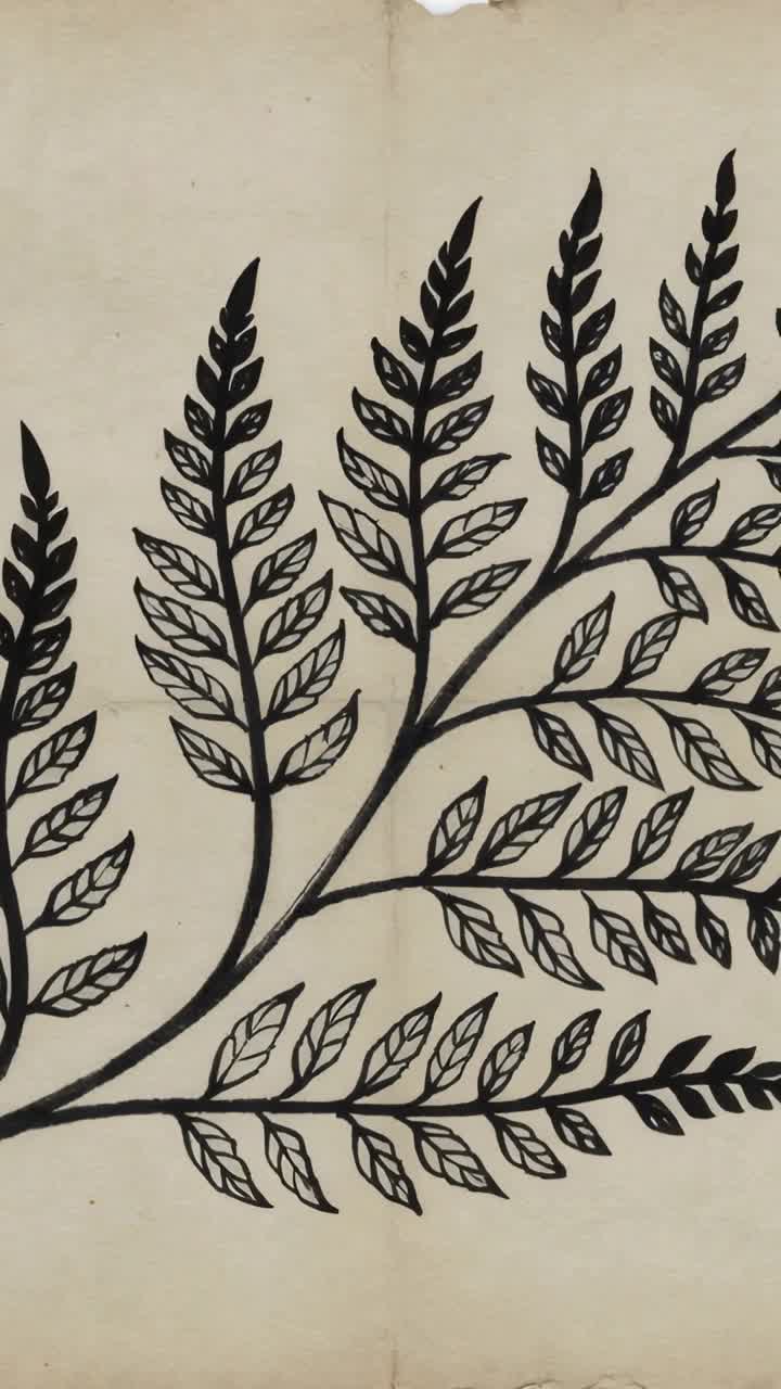 Panoramica della telecamera su carta invecchiata, una fronda disegnata con inchiostro botanico che rivela foglioline, pieghe, strappi per il design.