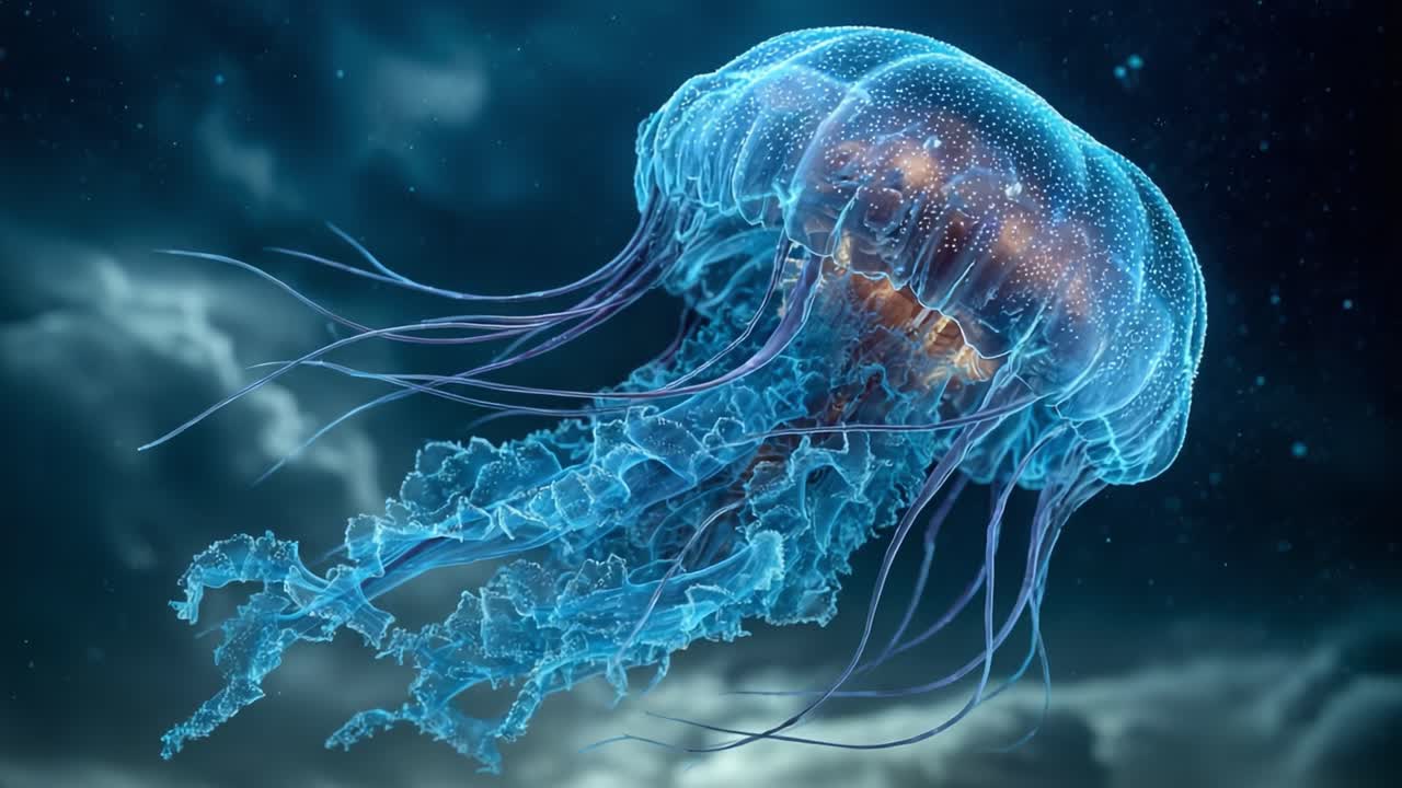 Fortryllende maneter som glir gjennom det mørke havvannet, viser sin eteriske skjønnhet og grasiøse bevegelse i et magisk undervannseventyr