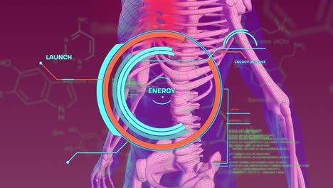 animación de estructuras químicas y procesamiento de datos sobre el modelo del cuerpo humano en fondo púrpura