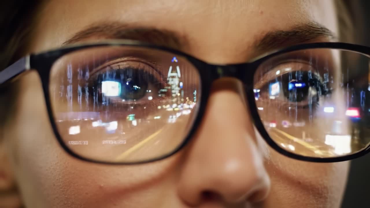 A Close-Up View of a Person's Face with Glasses Reflecting a Vibrant Cityscape, Capturing the Intersection of Human Emotion and Urban Life