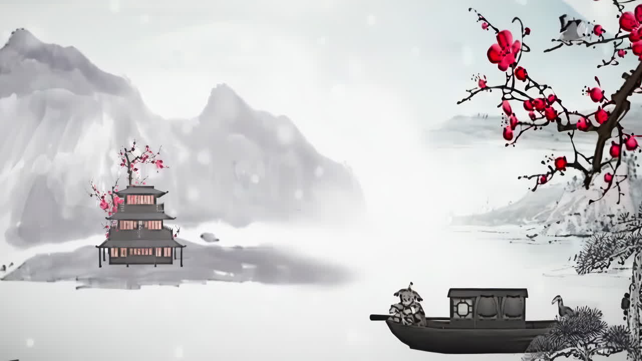 día antiguo tradicional chino japonés pintura de paisajes de hermosos árboles tranquilos, montañas, flores, lago, agua, pájaros, cielo azul, barco, temporada de flores de cerezo