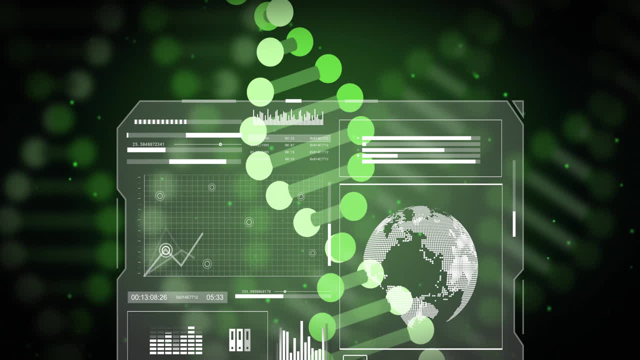 DNA strand and data charts animation over digital interface background