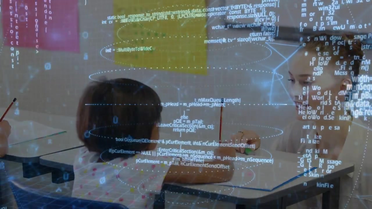 Teacher leaning and pointing, guiding student writing for learning, code overlay showing page