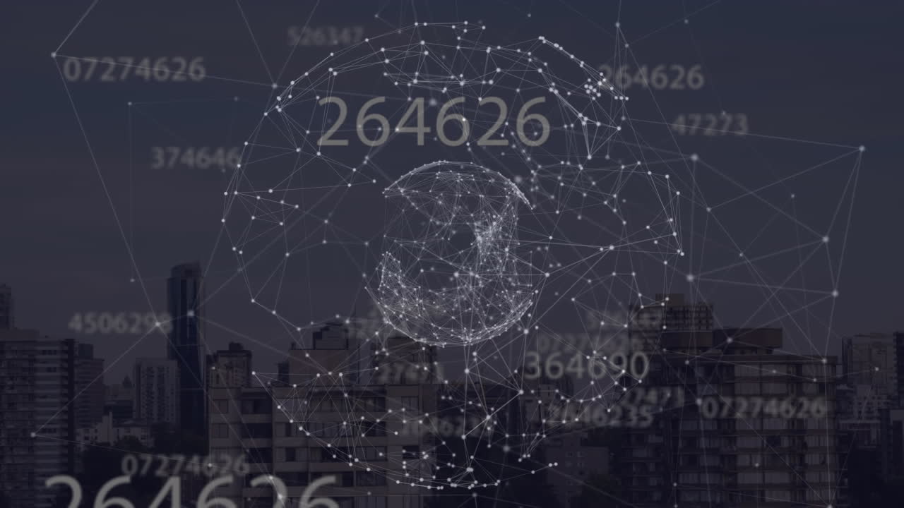 Animation of network of connections with globe over cityscape