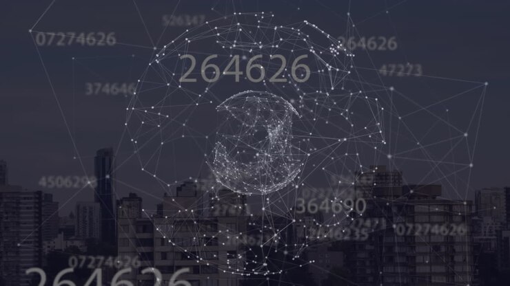 Animation of network of connections with globe over cityscape