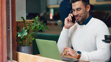 Phone-call,-laptop-and-man-at-coffee-shop