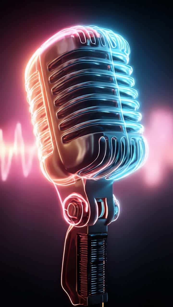 Un vibrante microfono al neon con effetti colorati e onde sonore che illuminano lo sfondo – una rappresentazione visiva accattivante di musica e performance