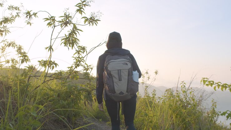 Back Shot Of Young Woman Hiking On Sunrise