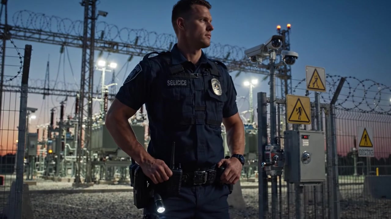 Um policial faz guarda em uma instalação elétrica segura ao entardecer, destacando o papel crítico da segurança na proteção da infraestrutura energética contra ameaças potenciais.