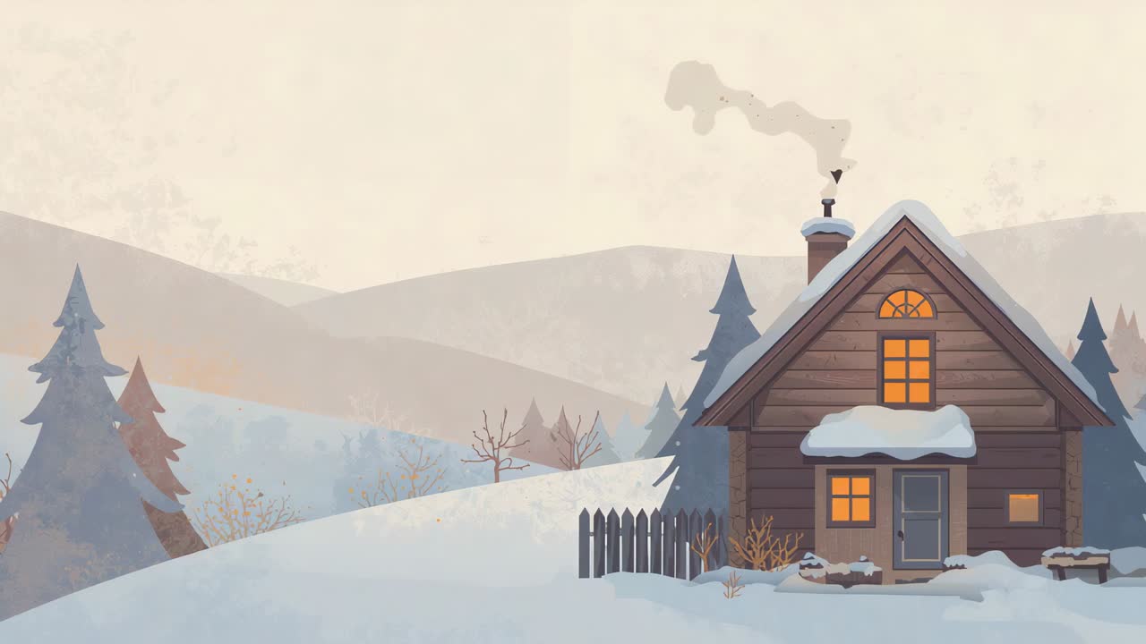 Zooming camera left toward wooden cabin on snowy hillside, revealing lit windows and smoke
