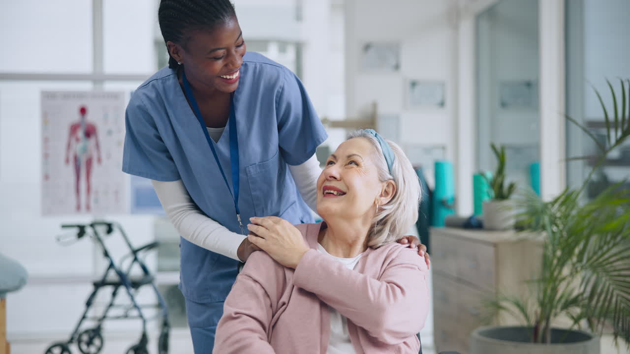 Happy, medical and nurse with old woman