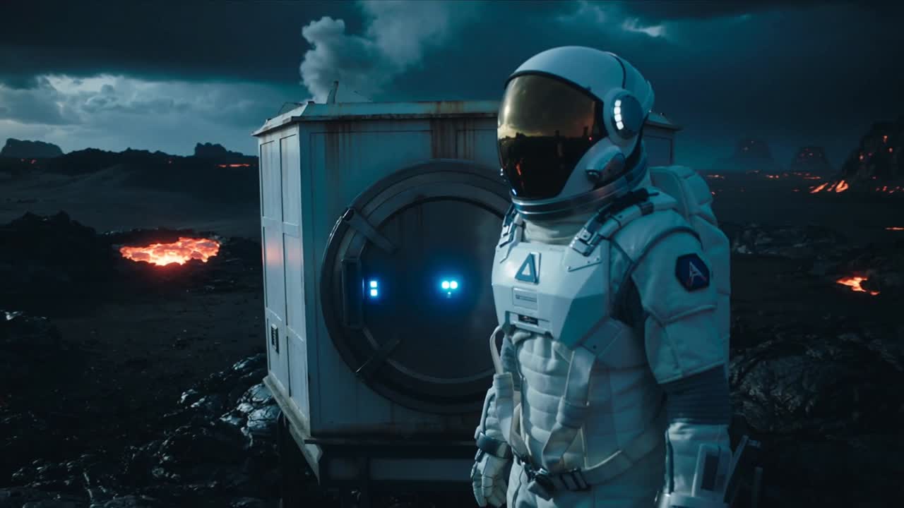 Som reaktion på glødende blå lys scanner en astronaut i rumdragt en lavaslette, tjekker et modul, plads til tekst.