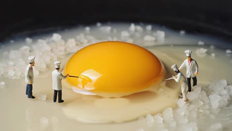 miniature chefs preparing a fried egg