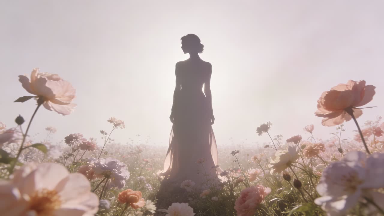 Eine stehende, schattierte Frau, die ihr Kleid zurechtlegt, im Gegenlicht der tief stehenden Sonne in einem Blumenfeld und mit Bändern.