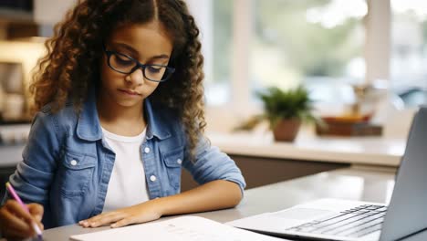 young student wearing glasses concentrating while writing in notebook and working on laptop during home study session, showcasing focused learning and educational dedication
