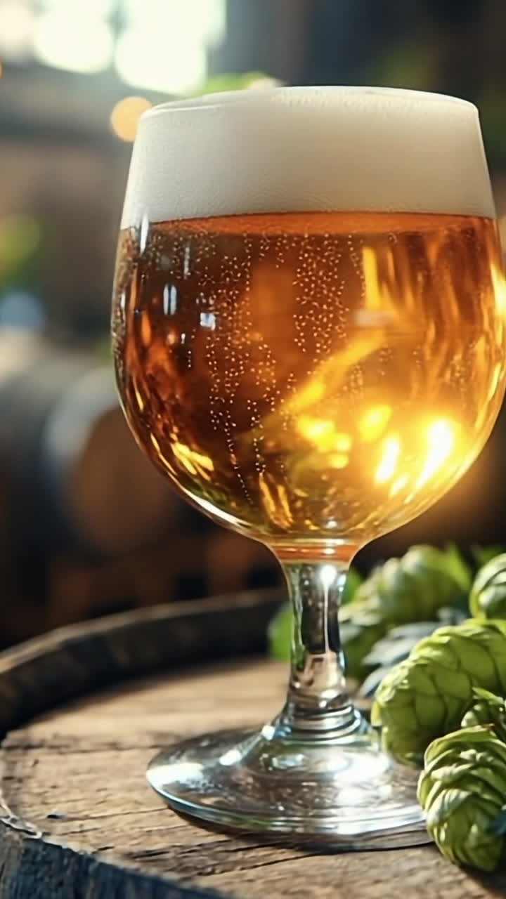 Brewery's fresh craft beer. A glass of golden craft beer sits on a wooden barrel, surrounded by fresh hops and rustic brewery decor.