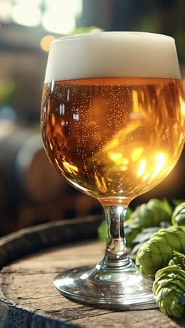brewery's fresh craft beer. a glass of golden craft beer sits on a wooden barrel, surrounded by fresh hops and rustic brewery decor.