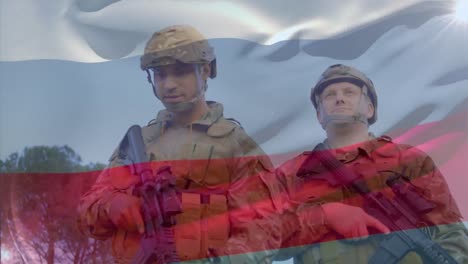 animation of flag of russia over diverse male soldiers walking with weapon