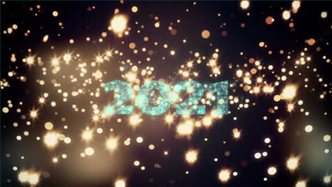 animation of 2021 text, fireworks and glowing stars