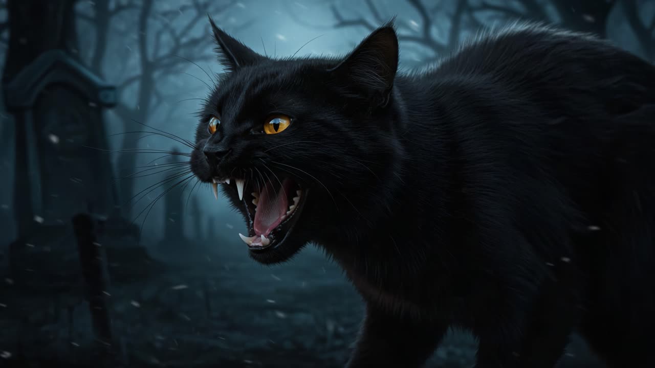 A Fearsome Black Cat Roaming a Spooky Graveyard at Night, Showcasing Its Fierce Expression and Glowing Eyes, Perfectly Capturing the Eerie Atmosphere of the Setting