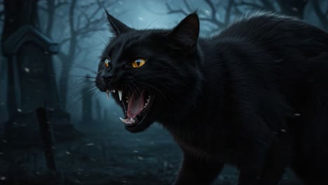 a fearsome black cat roaming a spooky graveyard at night, showcasing its fierce expression and glowing eyes, perfectly capturing the eerie atmosphere of the setting