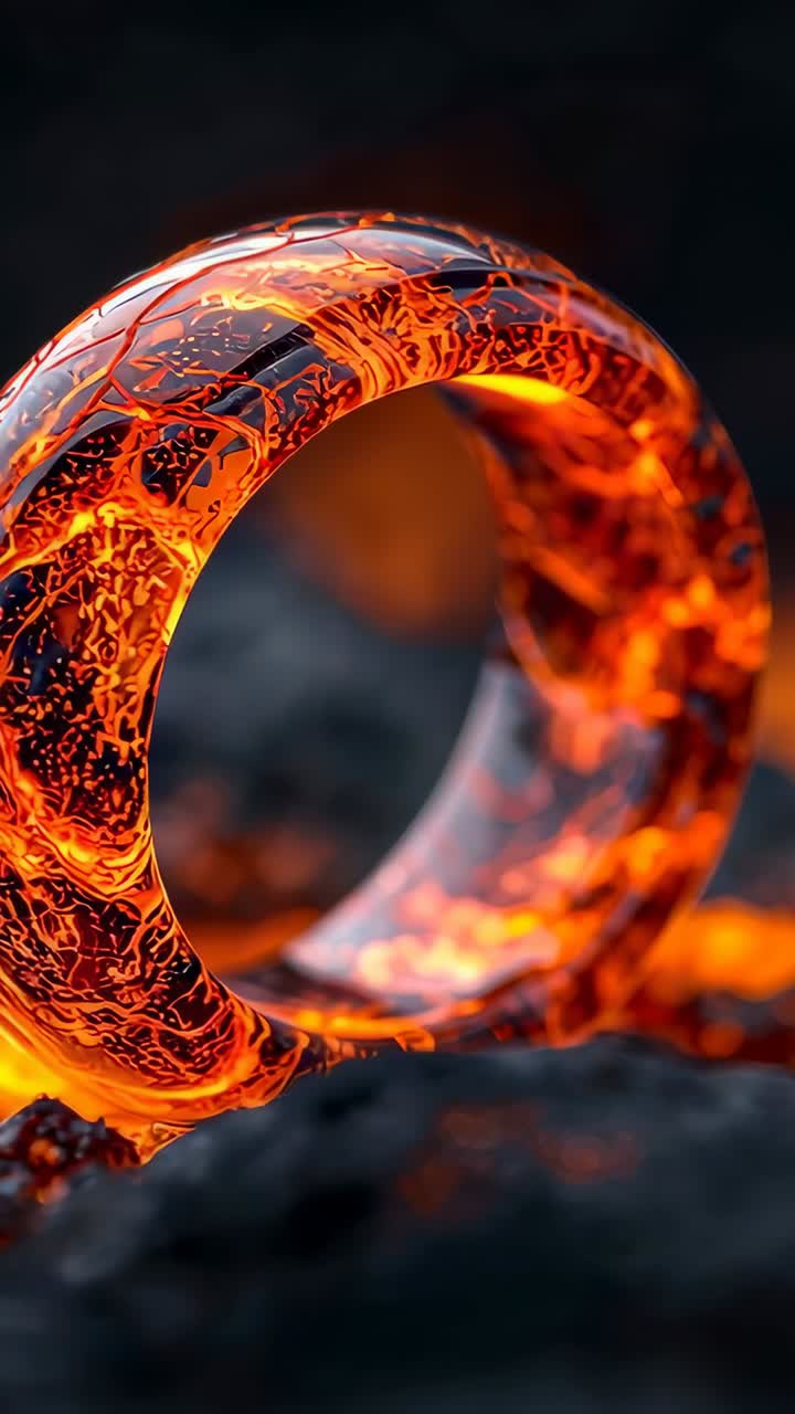 Vertical video: Pulsing torus ring responding to lava-like shifts on volcanic rocks, showing embers