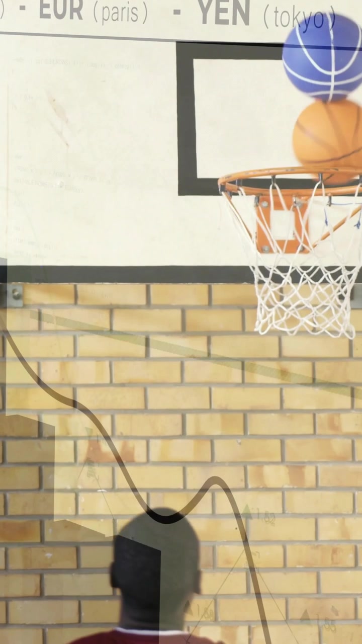 Vertical video: Orange ball falling through net, player shooting blue ball toward hoop for sports