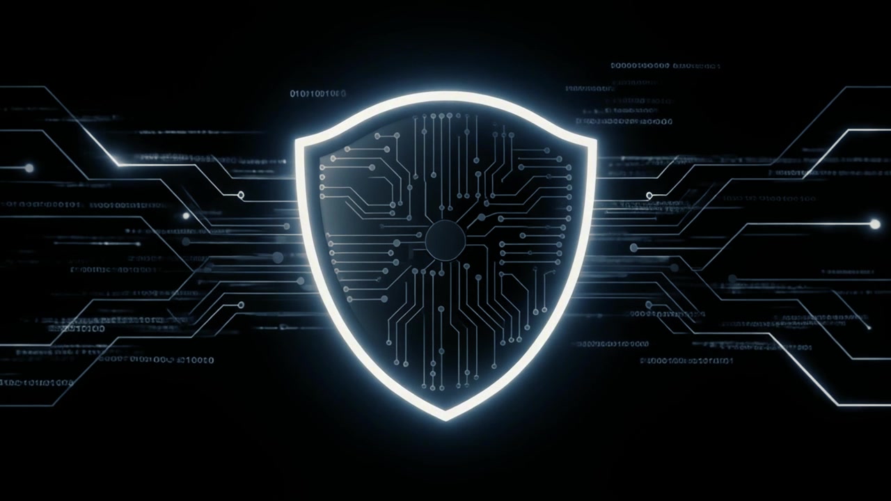 Animated Digital Security Shield with Circuit Board and Binary Code