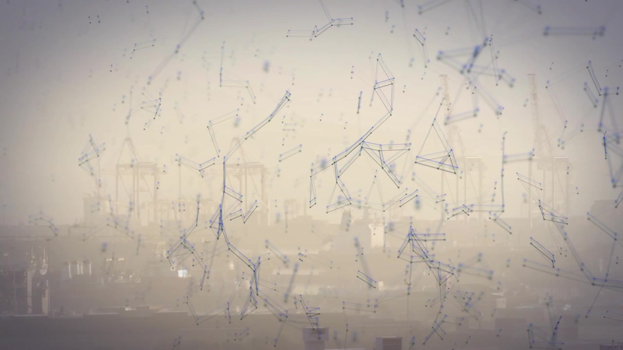Digital nodes pulsing into view and forming evolving nets to represent data flow over hazy port