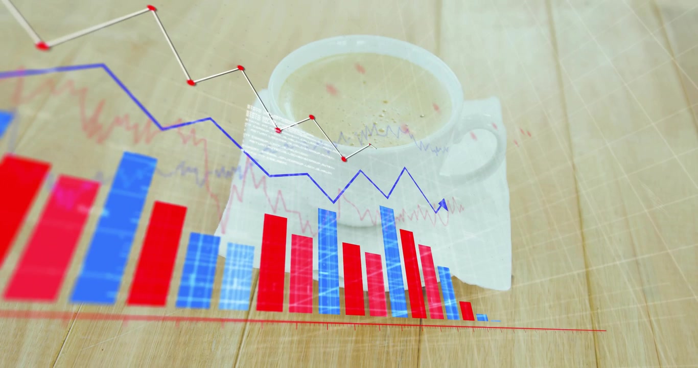 Opening showing cup fading behind, bar chart sliding in, bars rising, lines visualizing data trends