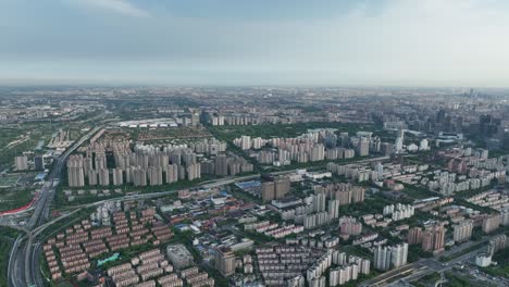 drone aerial view of buildings in rows skyline in the city