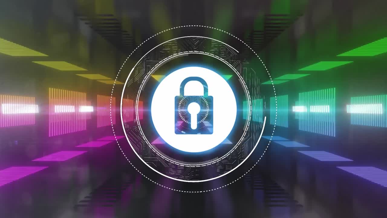 animación del candado de seguridad en línea con luces de neón brillantes en el fondo