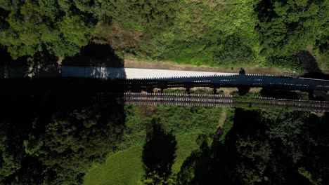 aerial view of railroad bridge in forest